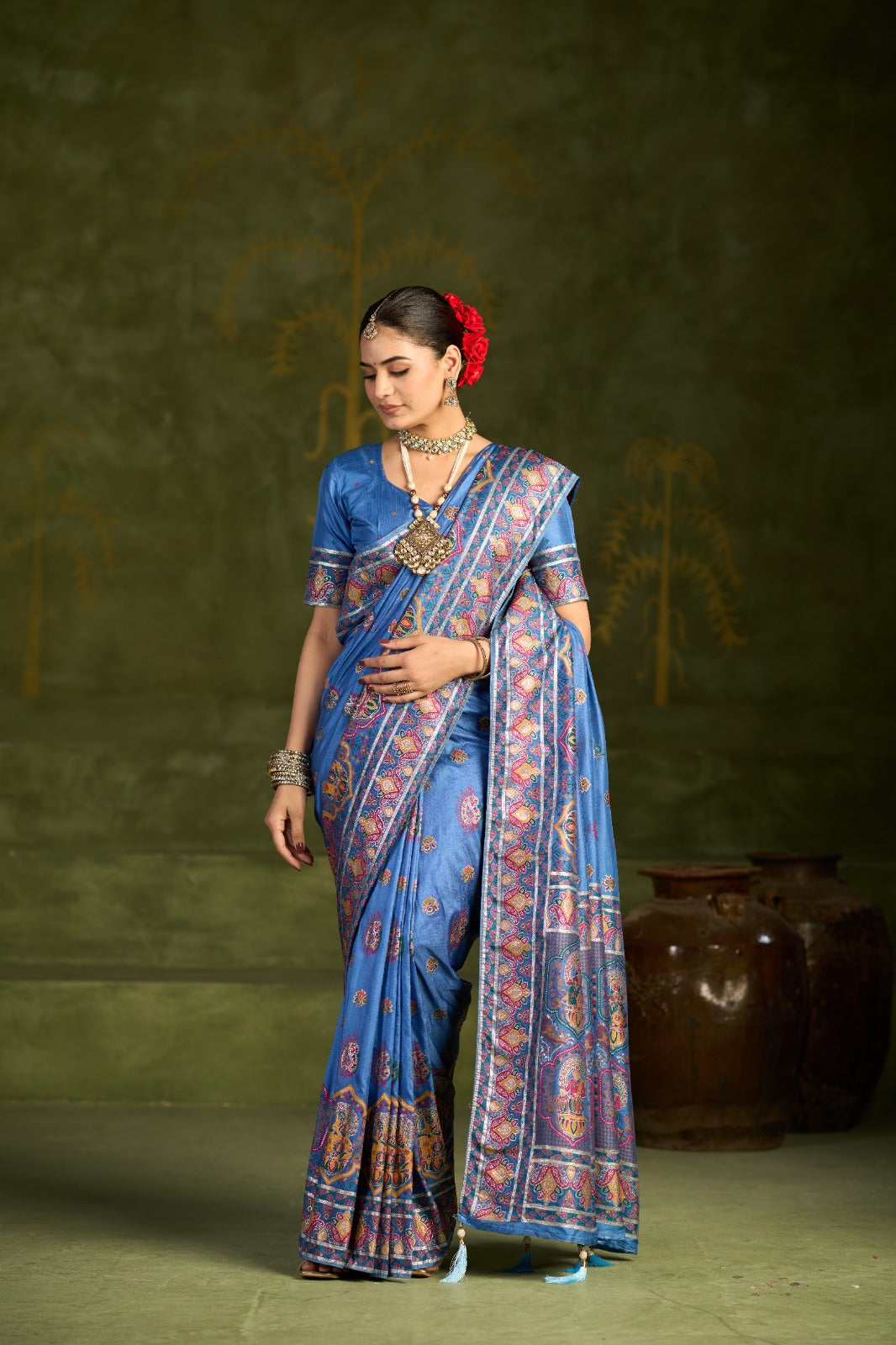 Elegant Royal Blue Traditional Printed Saree with Ornate Border