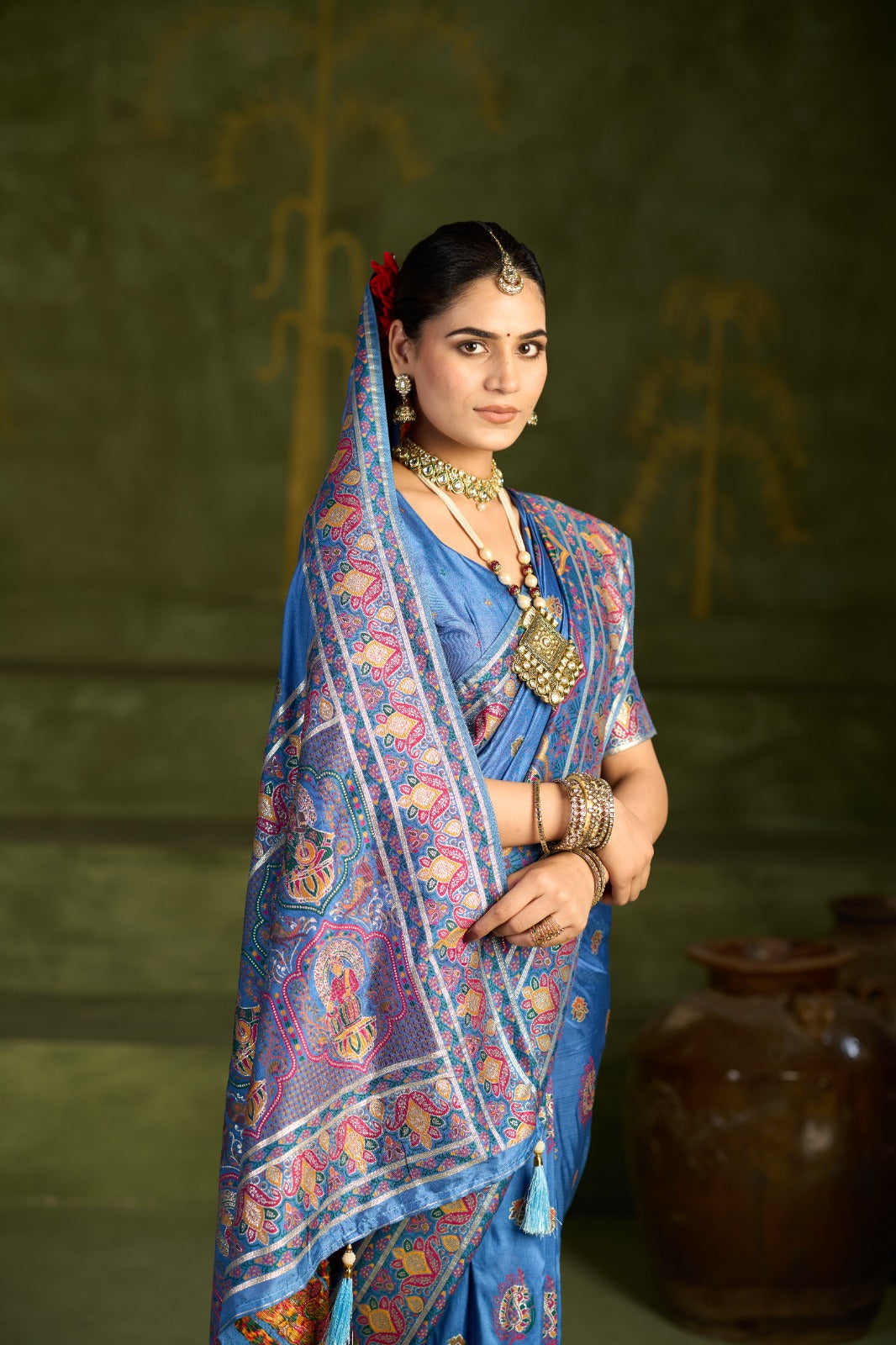 Elegant Royal Blue Traditional Printed Saree with Ornate Border