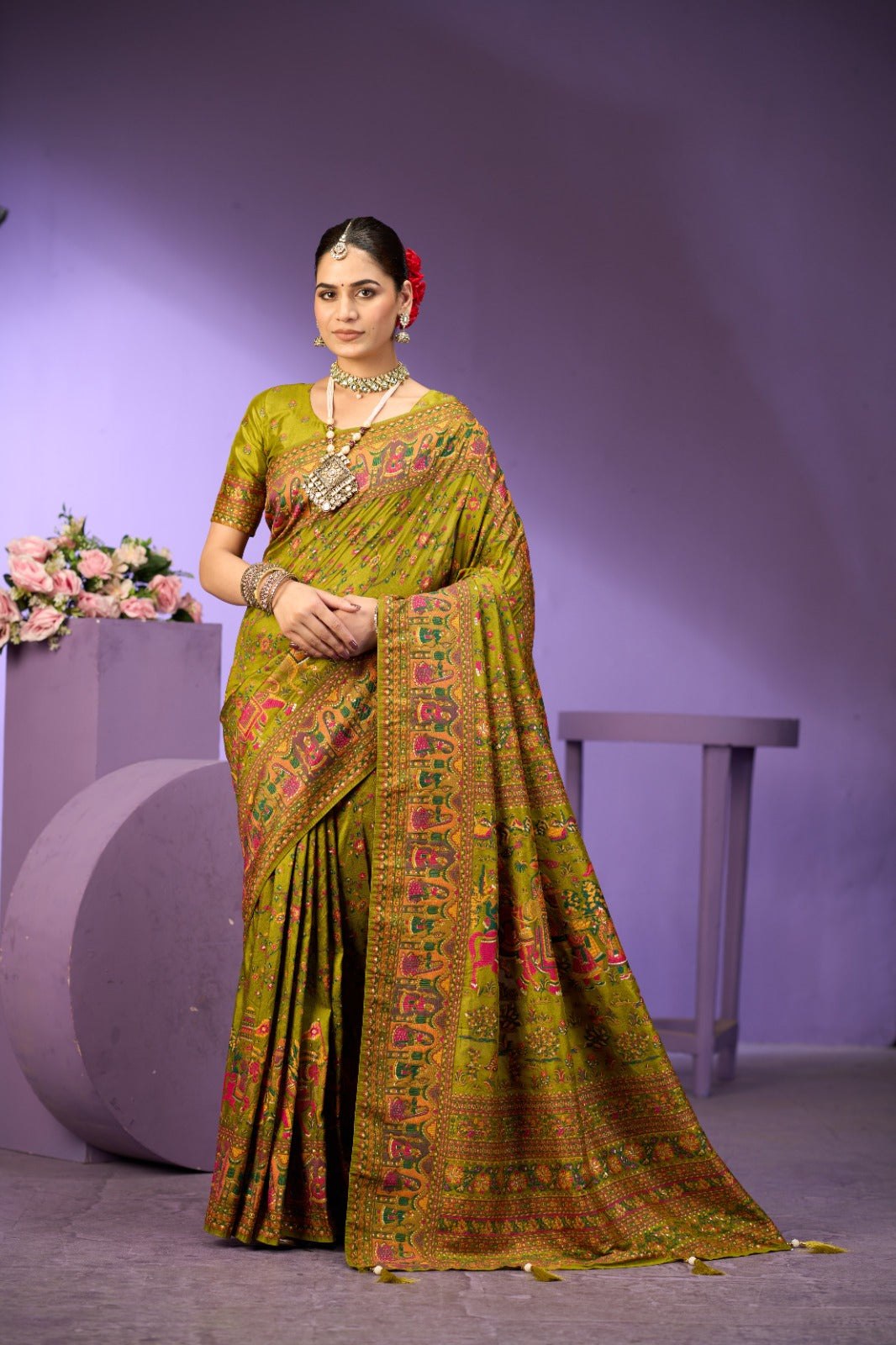 Royal Olive Green Traditional Printed Saree with Rich Ethnic Border