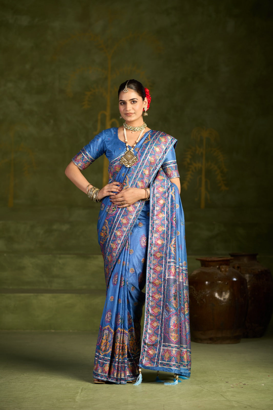 Elegant Royal Blue Traditional Printed Saree with Ornate Border
