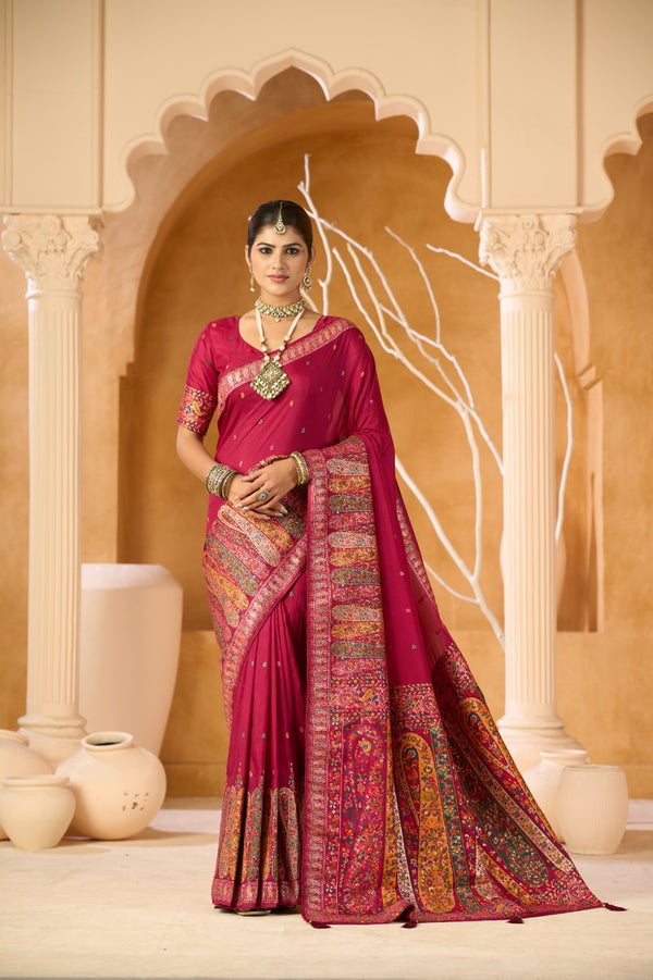 Regal Rani Pink Traditional Saree with Intricate Ethnic Border