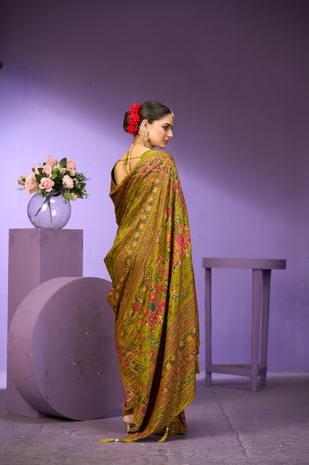 Royal Olive Green Traditional Printed Saree with Rich Ethnic Border