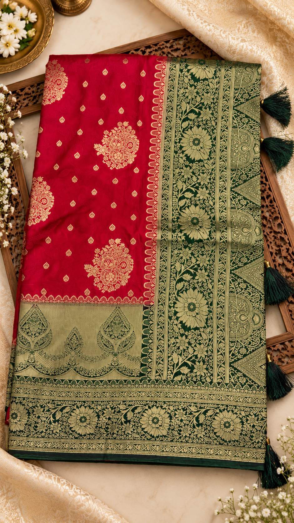 Premium Flower Gajji Satin Saree with Rich Zari Border