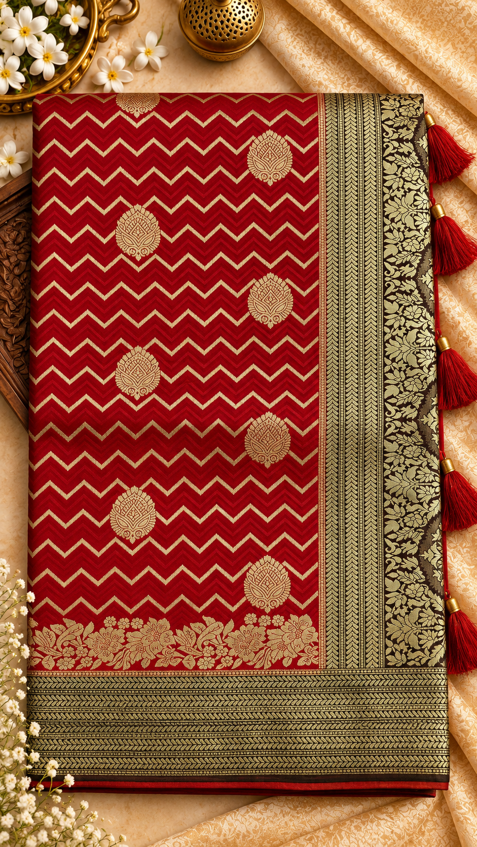 Zigzag Pattern Satin Saree with Traditional Rich Border
