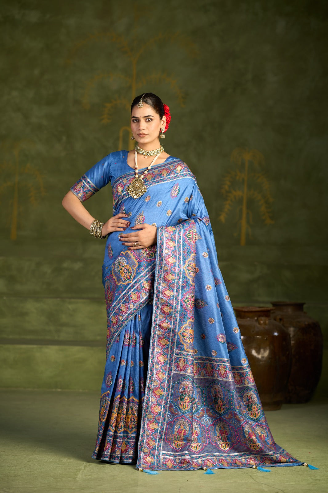 Elegant Royal Blue Traditional Printed Saree with Ornate Border