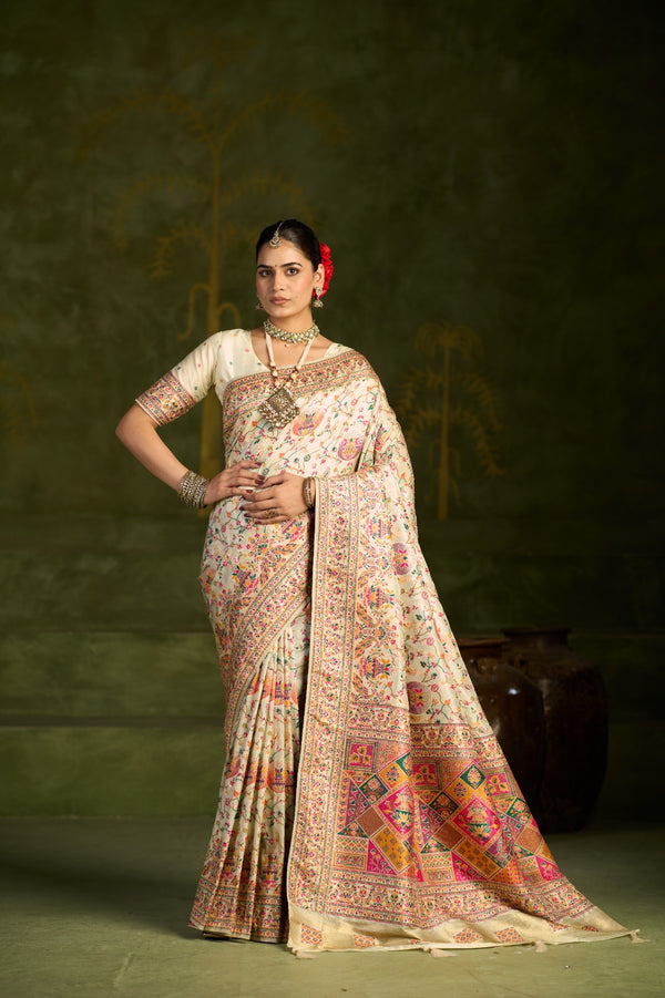 Elegant Ivory Floral Printed Saree with Intricate Border Design