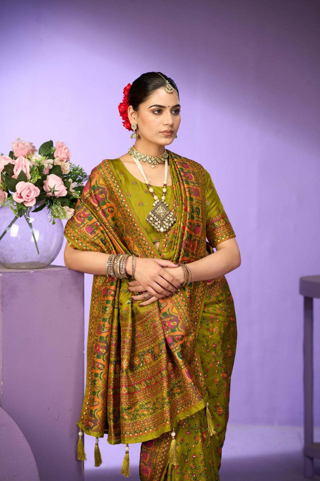 Royal Olive Green Traditional Printed Saree with Rich Ethnic Border