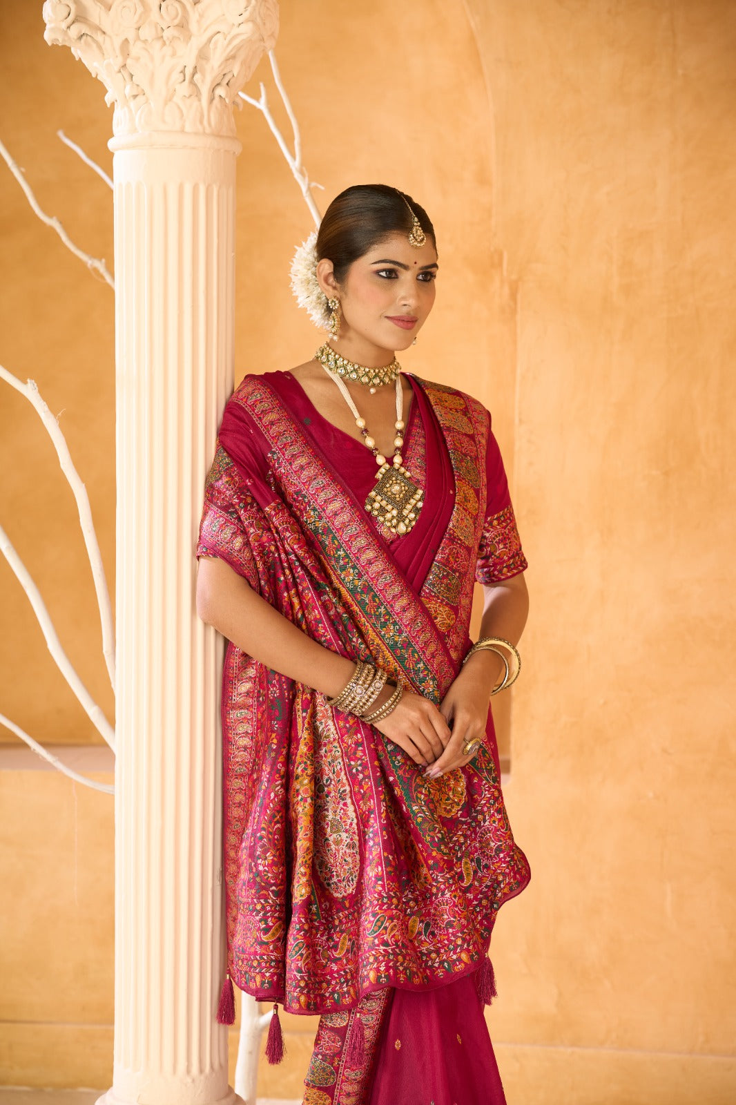 Regal Rani Pink Traditional Saree with Intricate Ethnic Border